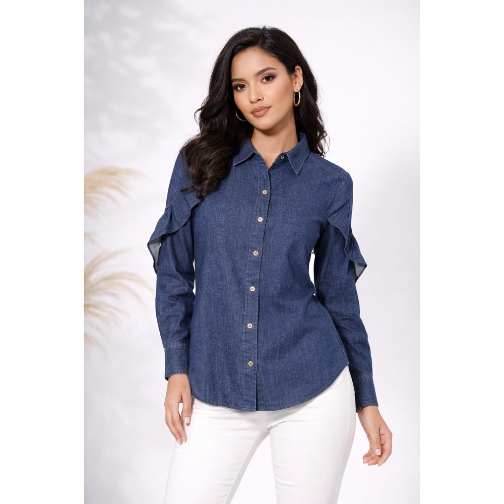 Jones New York Womens Denim Ruffle Sleeve‎ Button Down Shirt Dark Wash XL NWT